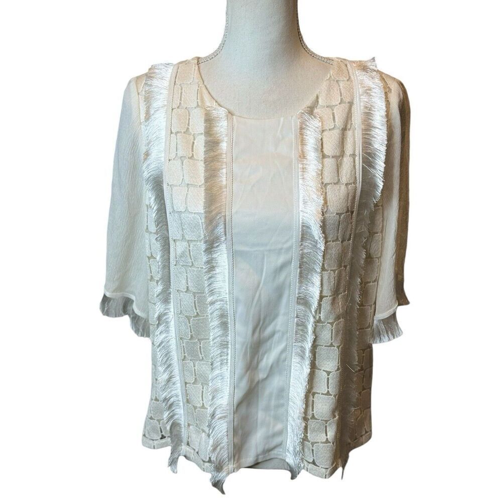 Alexis Blouse Women’s Cream Fringe Trim Sheer Top Shirt Silk Sheer Boho Sz S